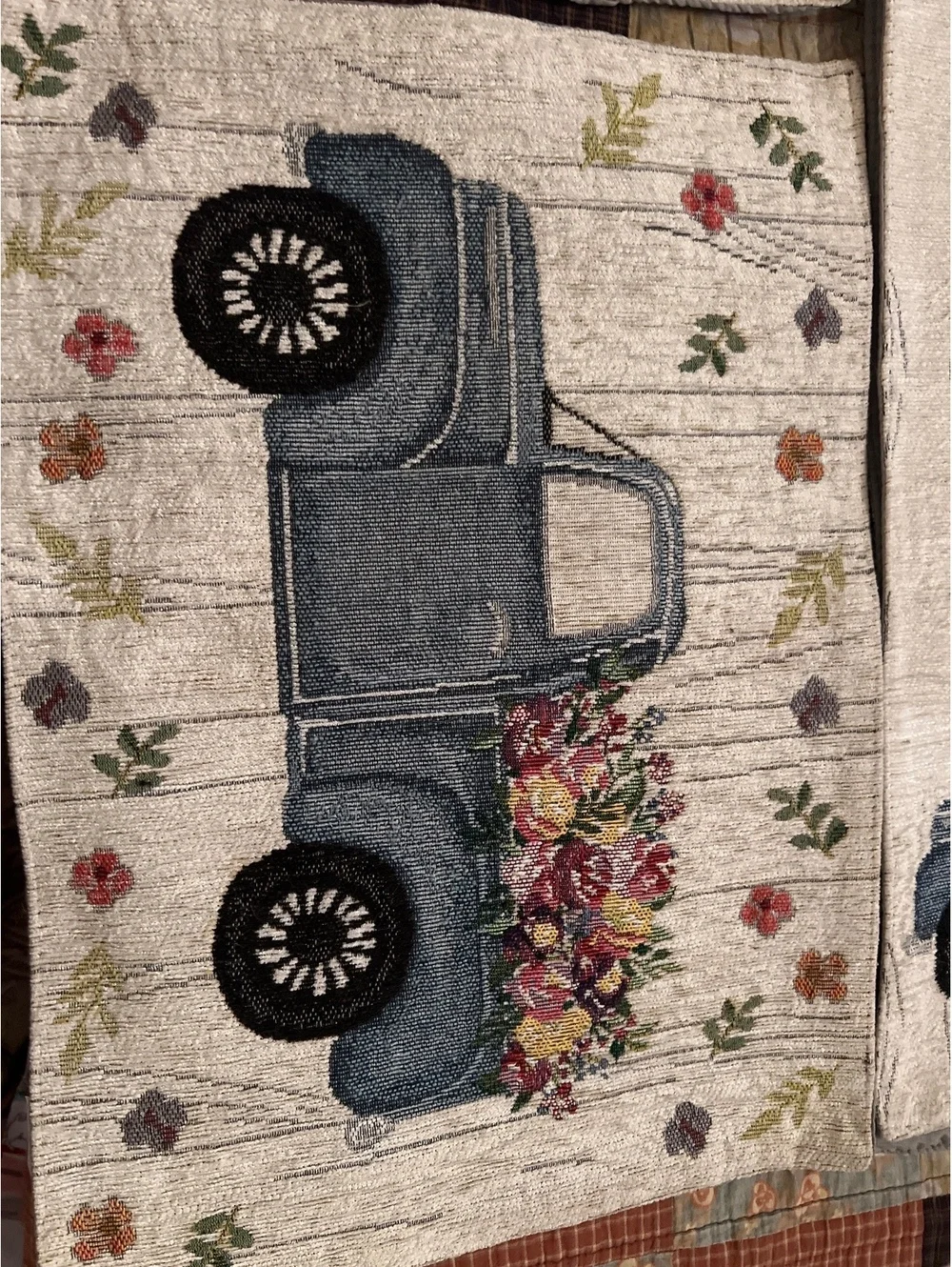 Decorative Table Runner and Placemats Set with Vintage Truck and Floral Design